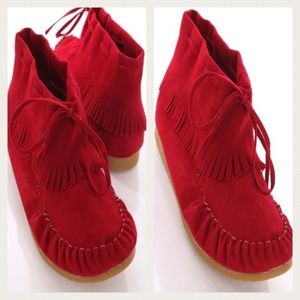 Suede Stitched Fringe Trim Flat Booties Ruby